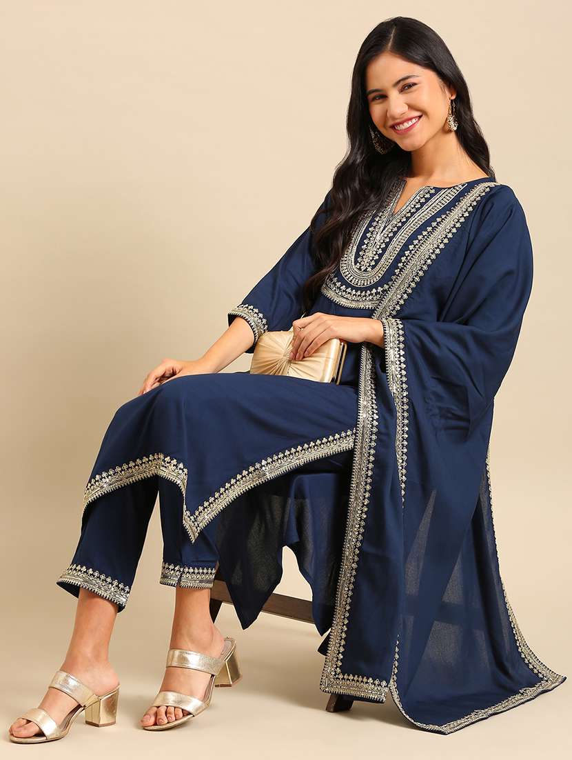 women embroidered notch neck kurta and pant set with dupatta