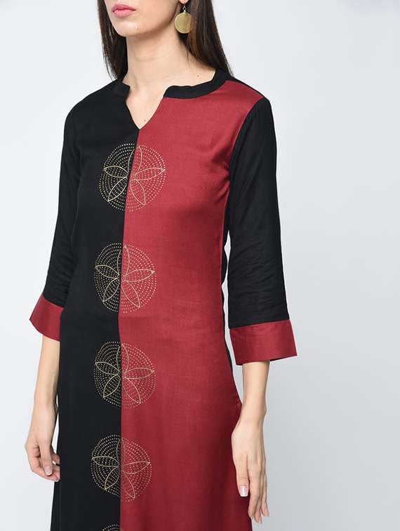 women color block three quarter sleeve straight kurta - 22504895 -  Standard Image - 1