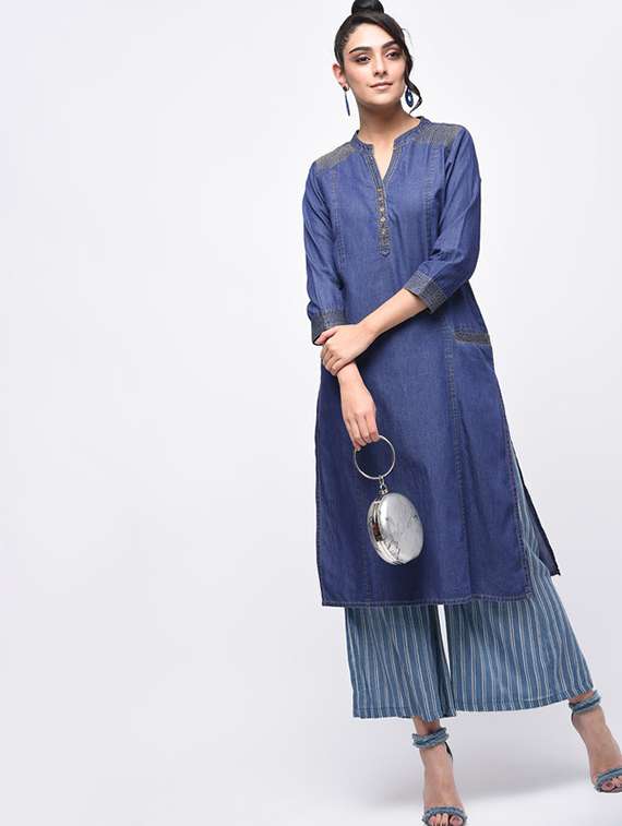 women solid three quarter sleeve denim straight kurta