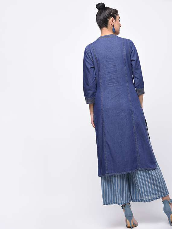 women solid three quarter sleeve denim straight kurta - 22504898 -  Standard Image - 4
