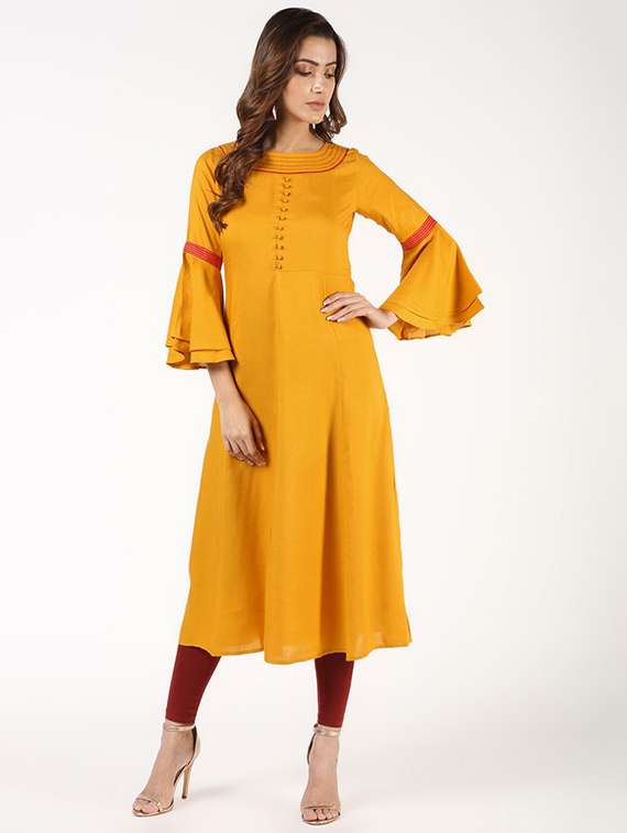 women solid bell sleeve flared kurta