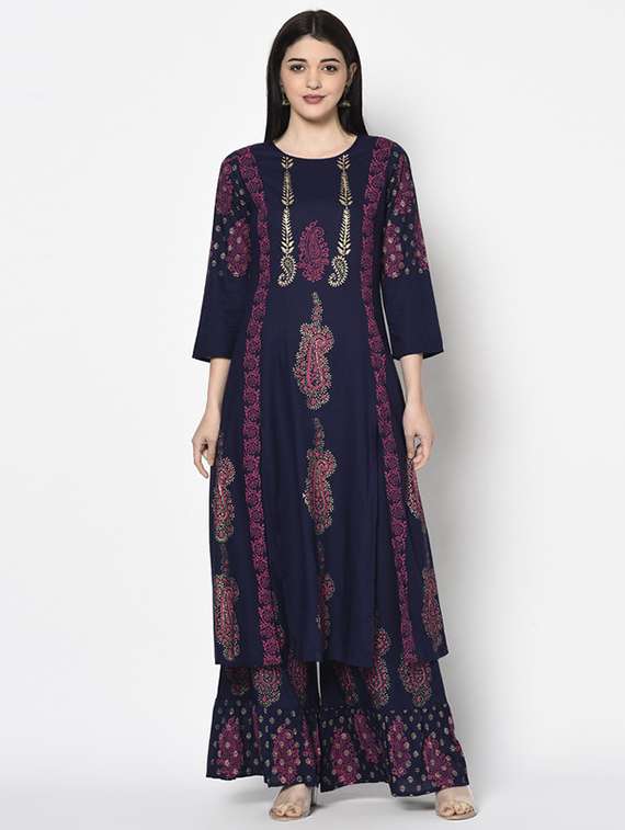 Women Printed Three Quarter Sleeve Kurta Palazzo Set - 22504908 -  Standard Image - 1