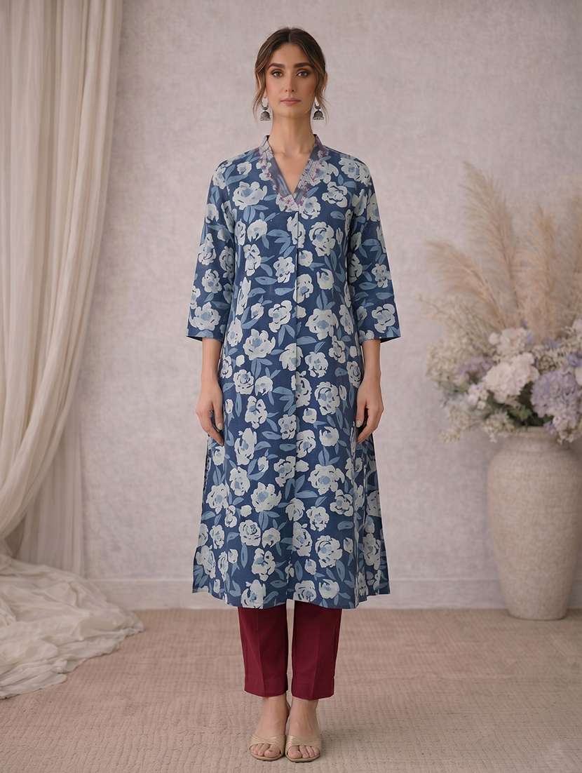 women floral three quarter sleeve a-line kurta