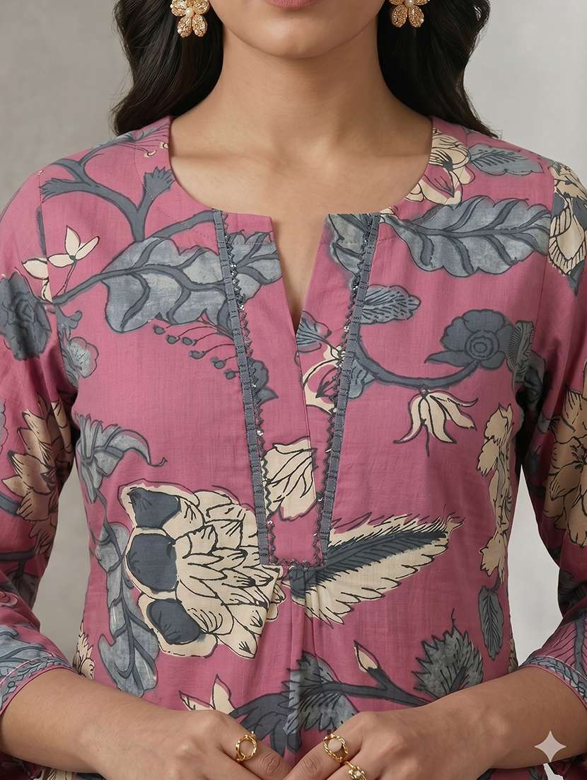 women floral three quarter sleeve a-line kurta - 22504949 -  Standard Image - 1