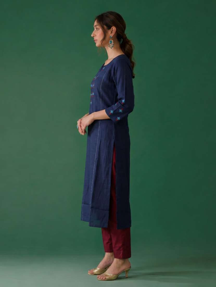 women solid with work three quarter sleeve straight kurta - 22504950 -  Standard Image - 4
