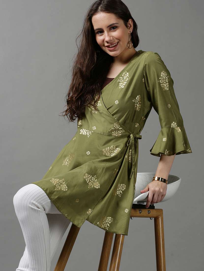 women printed bell sleeves wrap top