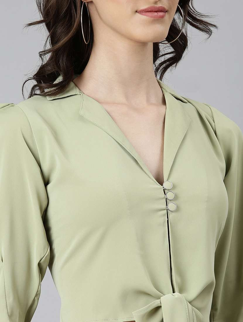 women solid shirt collar crop top - 22505004 -  Standard Image - 1