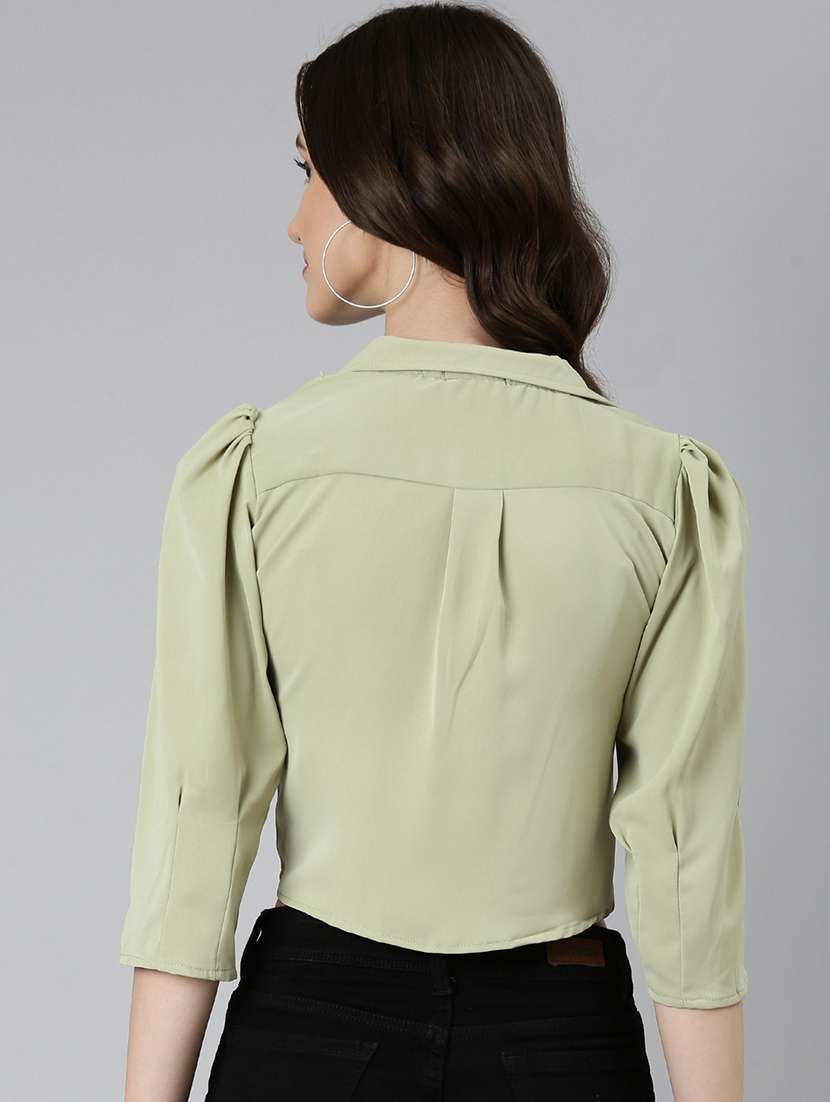 women solid shirt collar crop top - 22505004 -  Standard Image - 4