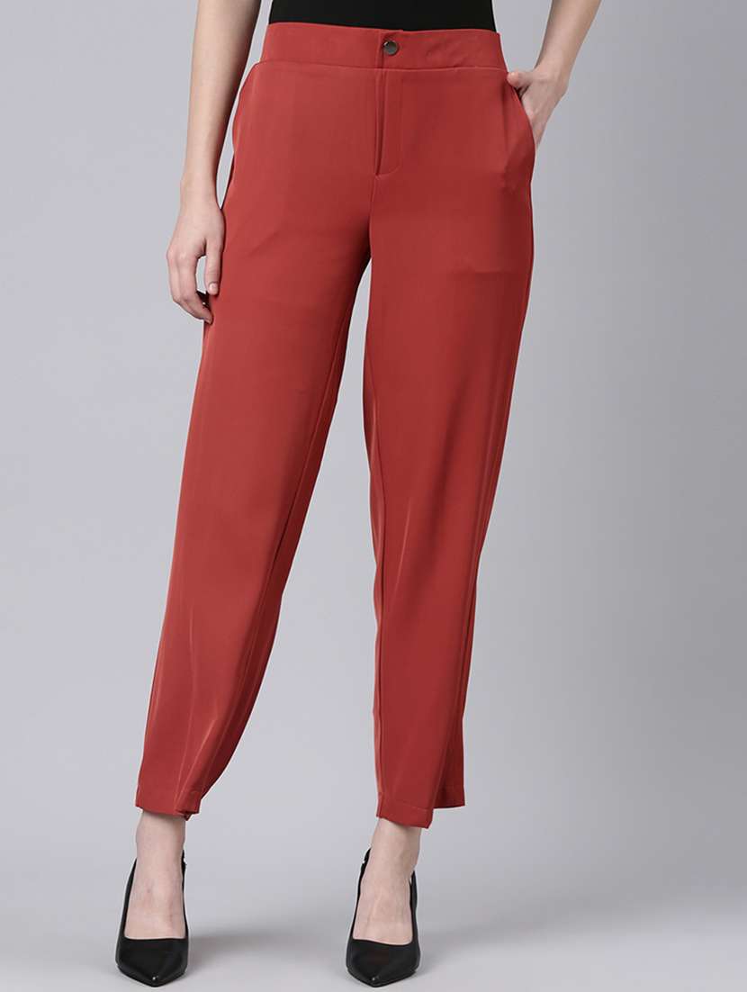 women solid mid rise straight fit trouser