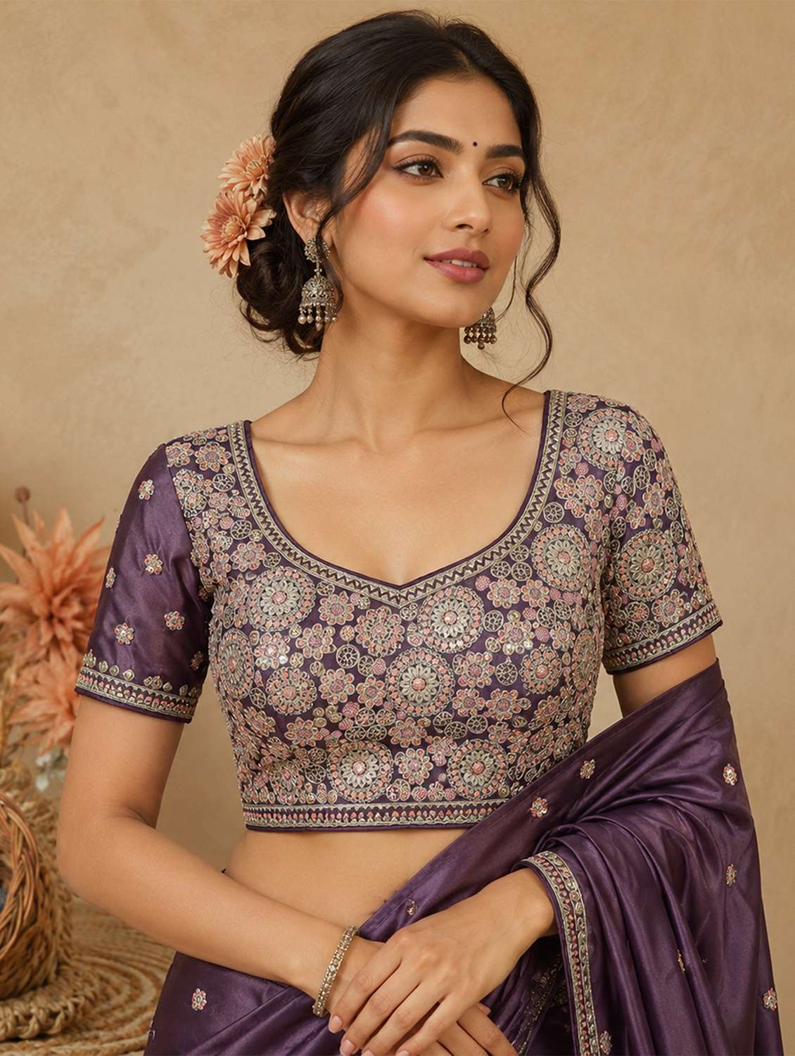 women embroidered short sleeve stitched blouse