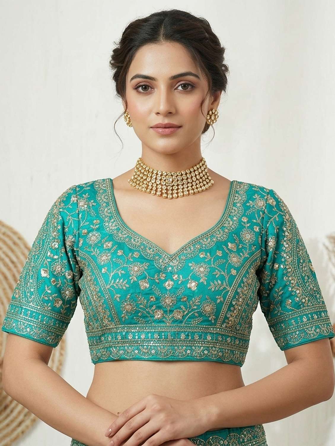 women embroidered short sleeve stitched blouse