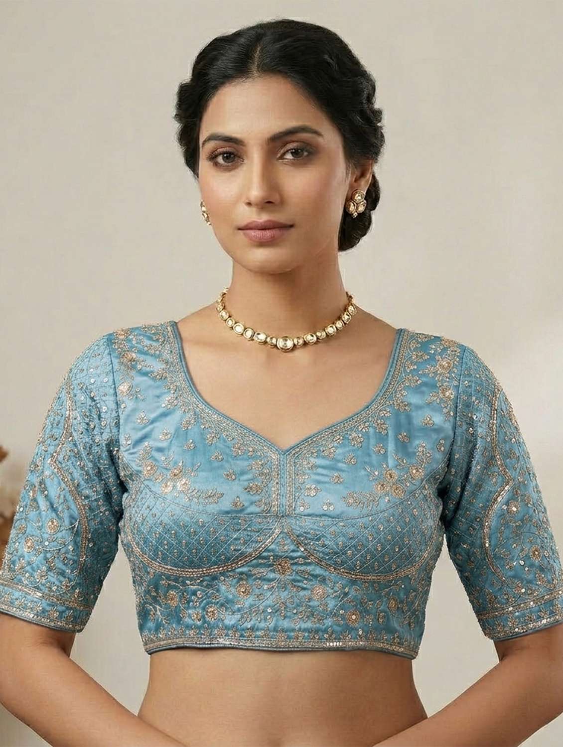 women embroidered short sleeve stitched blouse