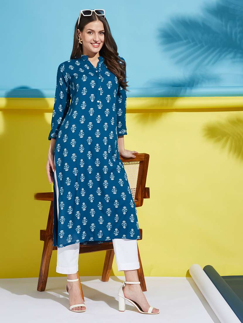 women printed mandarin collared straight kurta