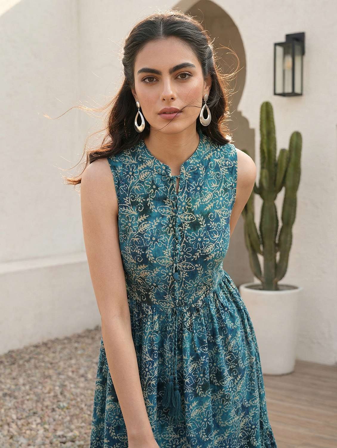 women printed sleeveless midi tiered dress - 22505261 -  Standard Image - 1