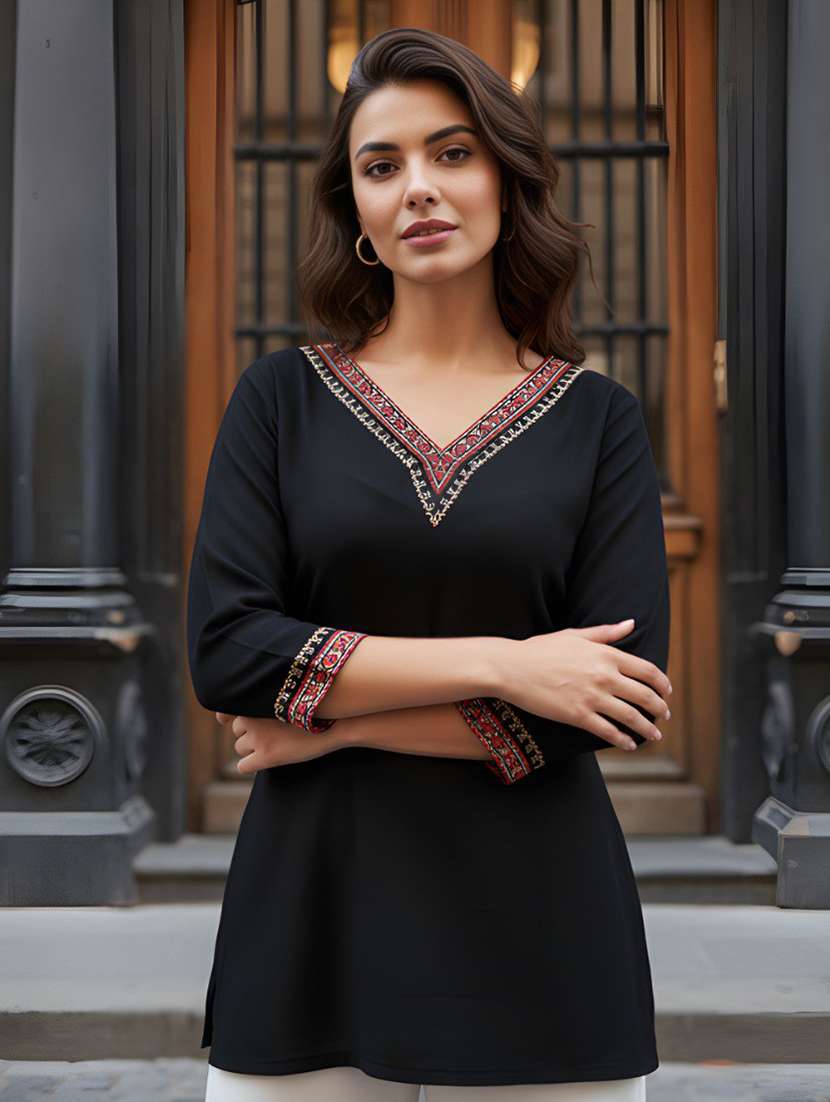 women solid three quarter sleeve straight kurti - 22505304 -  Standard Image - 1