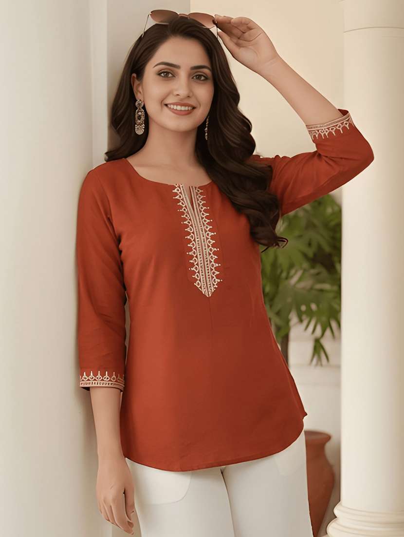 women embroidered three quarter sleeve straight kurti - 22505322 -  Standard Image - 1