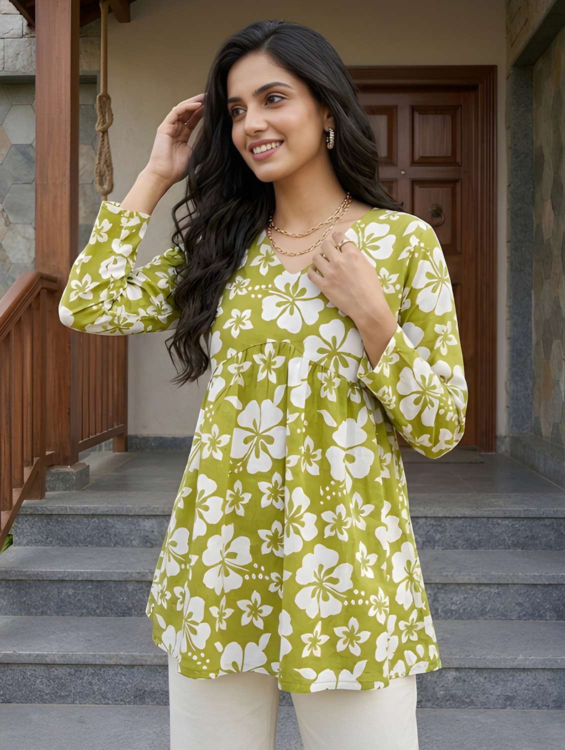 women printed long sleeve a-line kurti - 22505325 -  Standard Image - 1