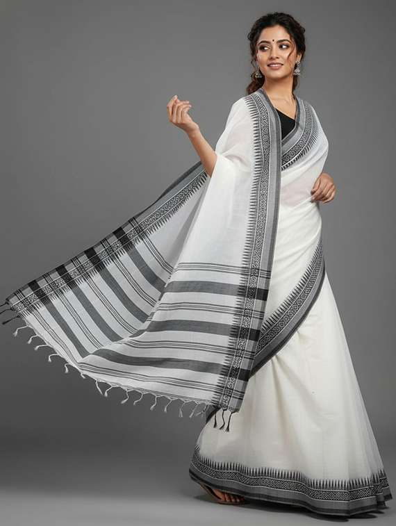 women solid with bordered handloom saree with blouse - 22505433 -  Standard Image - 1