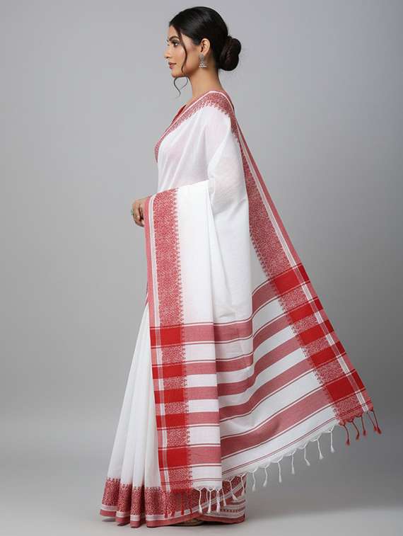 women solid with bordered handloom saree with blouse - 22505434 -  Standard Image - 1