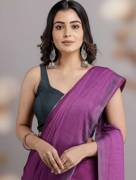 women solid handloom saree with blouse - 22505475 -  Standard Image - 1