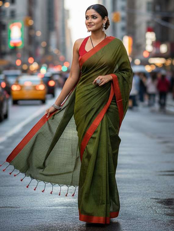 women solid with bordered handloom saree with blouse - 22505484 -  Standard Image - 1
