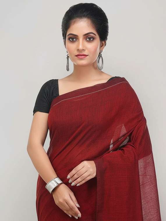 women solid handloom saree with blouse - 22505493 -  Standard Image - 1