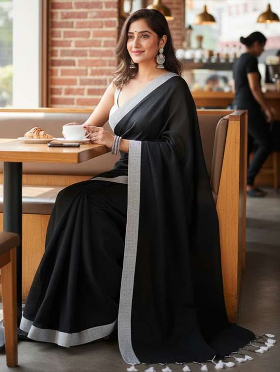 women solid with bordered handloom saree with blouse - 22505499 -  Standard Image - 1