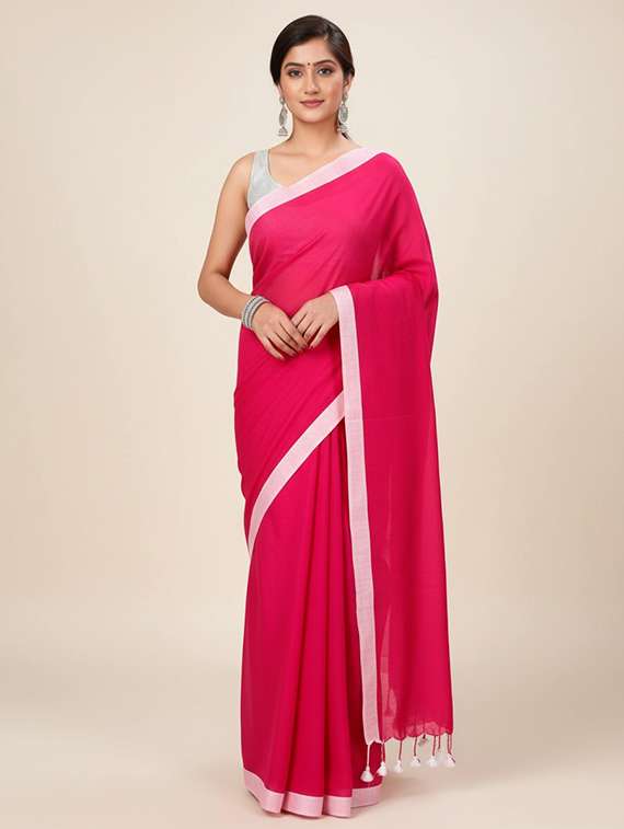 women solid with bordered handloom saree with blouse - 22505501 -  Standard Image - 1