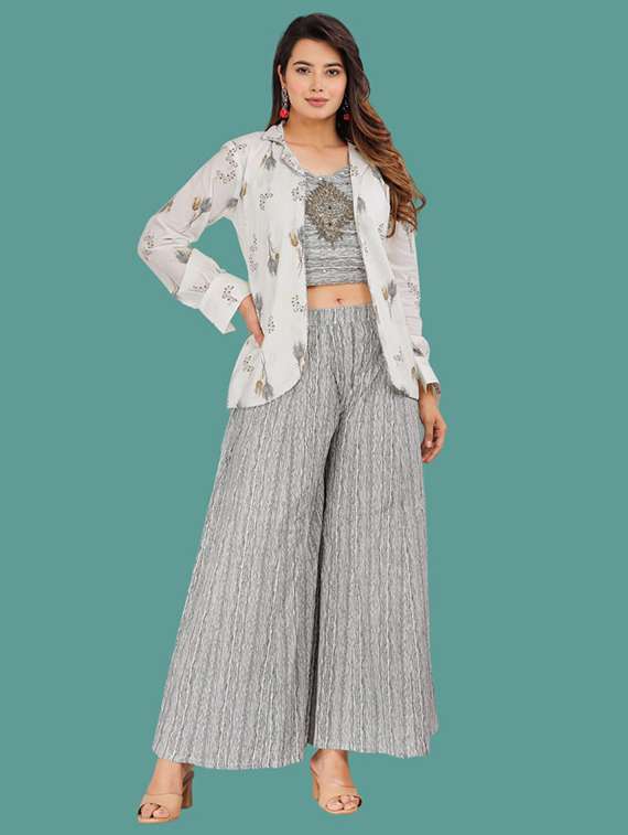 Women Printed Crop Top Palazzo With Shrug - 22505842 -  Standard Image - 1