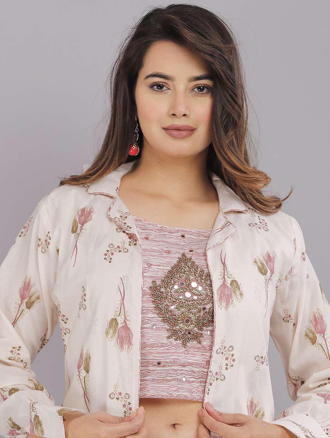 women printed crop top palazzo with shrug - 22505843 -  Standard Image - 1