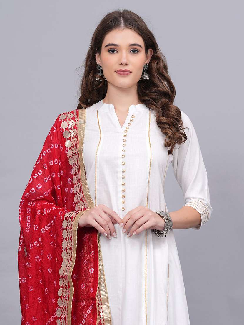 women solid with work three quarter sleeve kurta pant with dupatta set - 22505850 -  Standard Image - 1