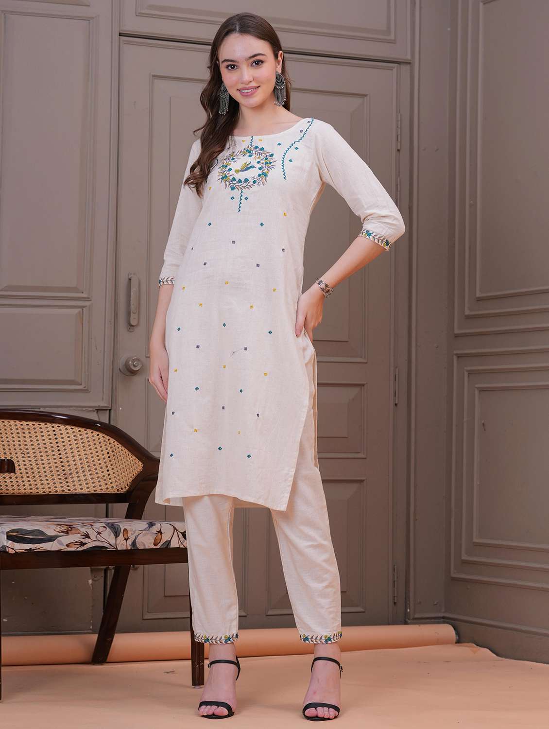 women solid with work three quarter sleeve kurta pant set - 22505852 -  Standard Image - 1