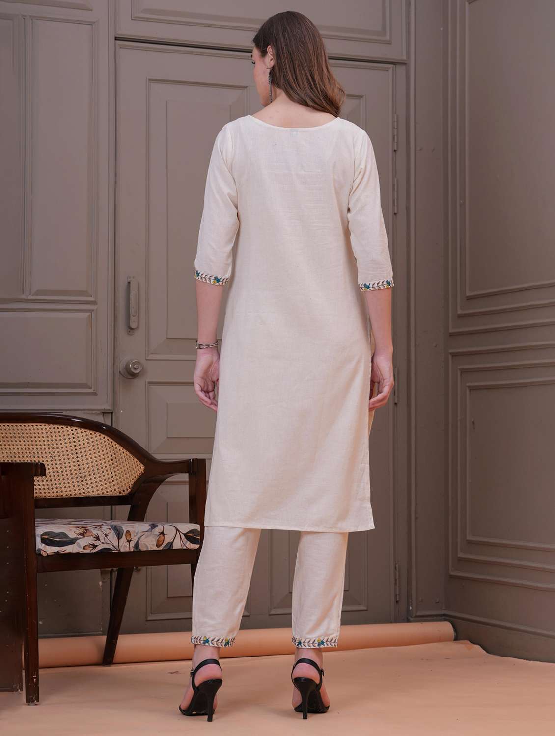 women solid with work three quarter sleeve kurta pant set - 22505852 -  Standard Image - 4