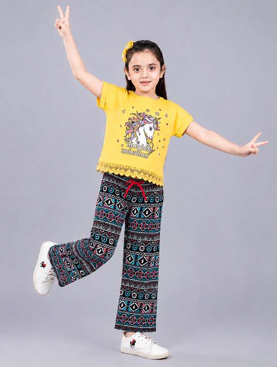 girls printed round neck top and pant twin set