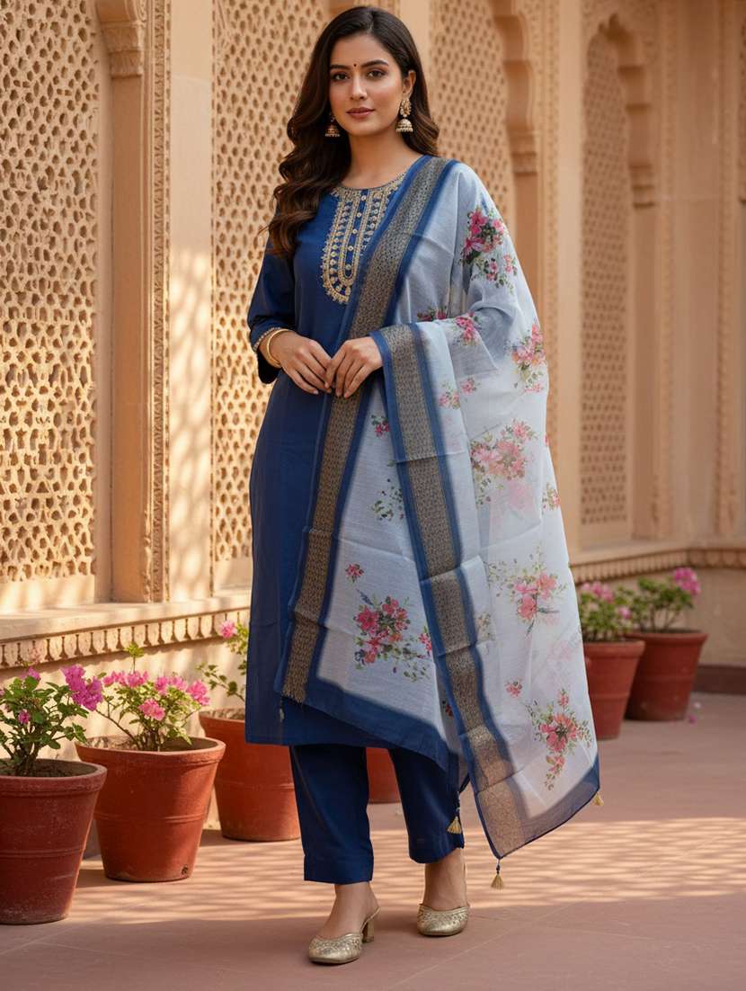 women embroidered three quarter sleeve kurta pant with dupatta set