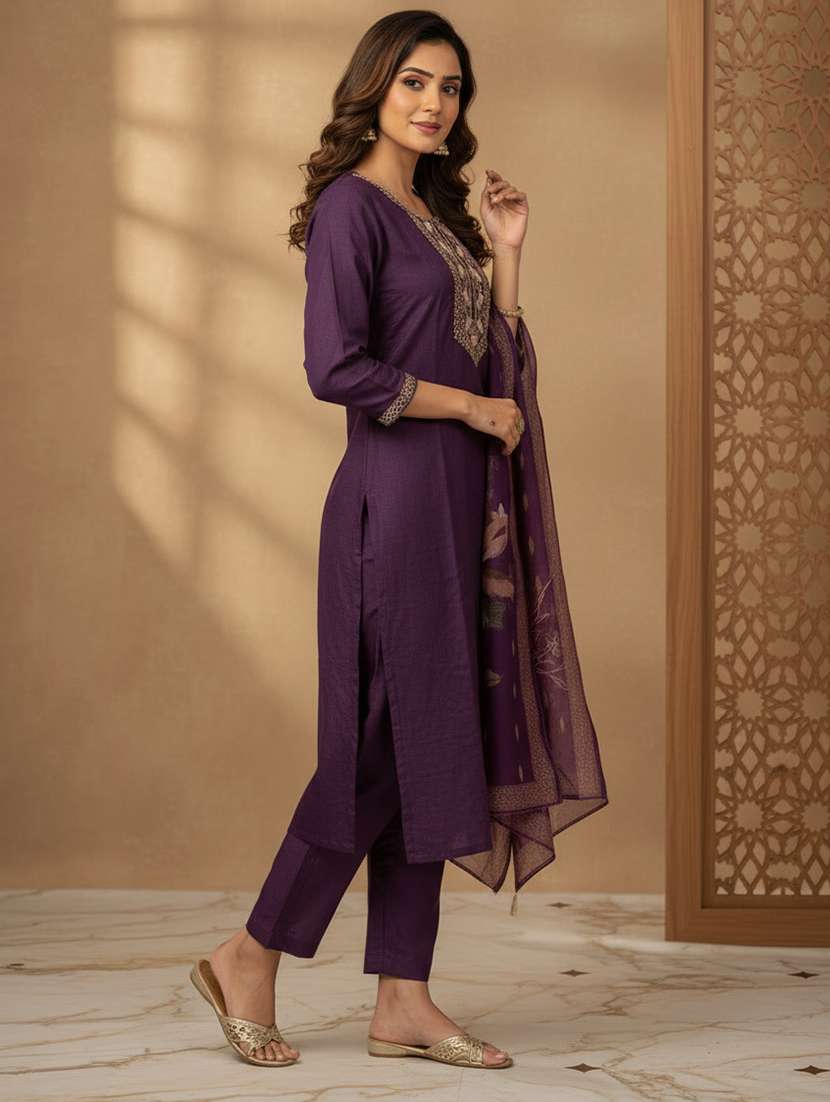 women embroidered three quarter sleeve kurta pant with dupatta set - 22505914 -  Standard Image - 1