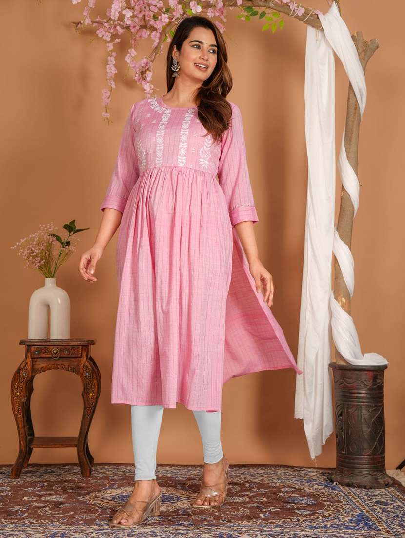 women embroidered three quarter sleeve flared kurta - 22506084 -  Standard Image - 1
