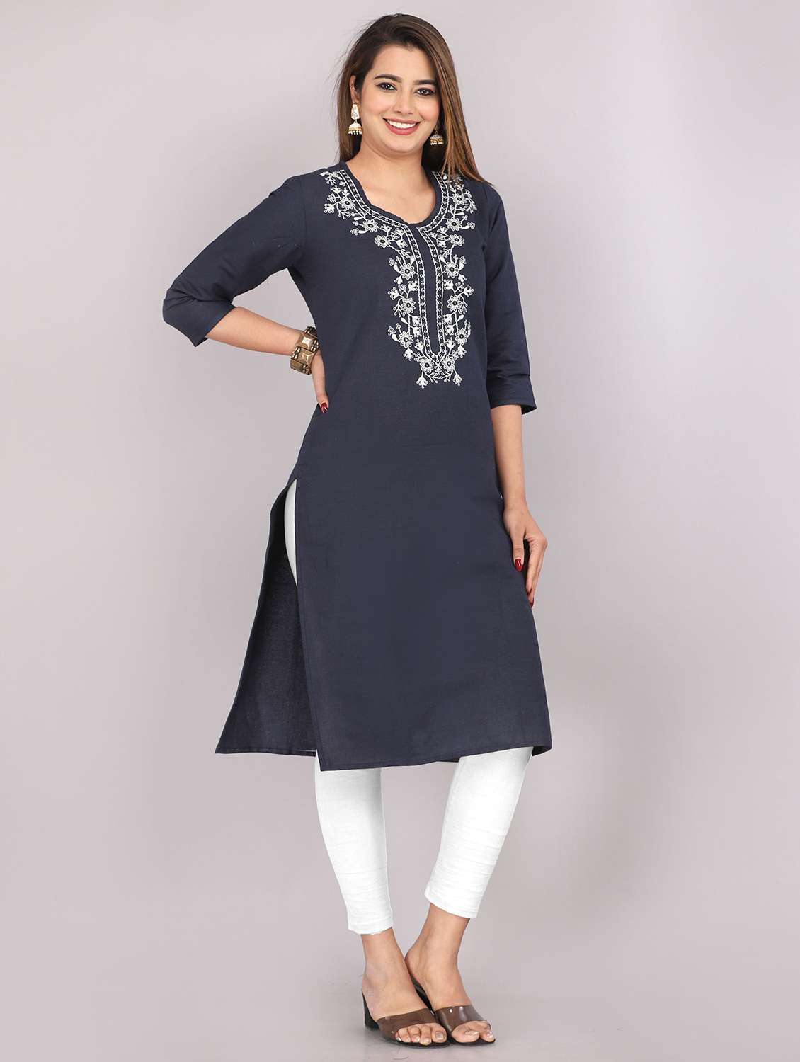 women embroidered three quarter sleeve straight kurta - 22506171 -  Standard Image - 1