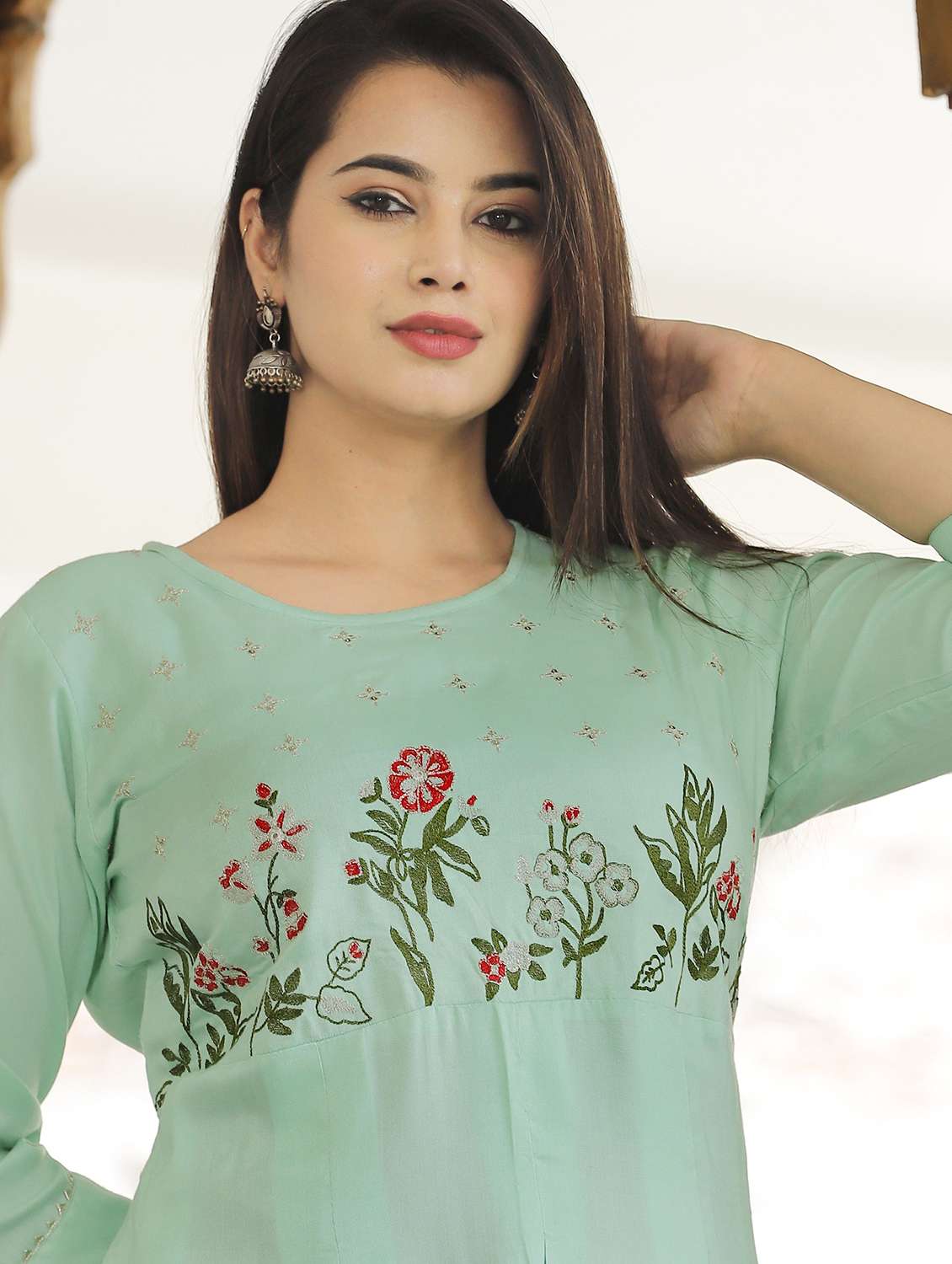 women embroidered three quarter sleeve flared kurta - 22506296 -  Standard Image - 1