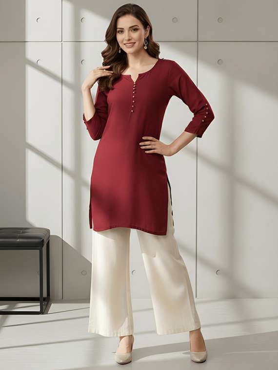 women solid three quarter sleeve straight kurti - 22506411 -  Standard Image - 4