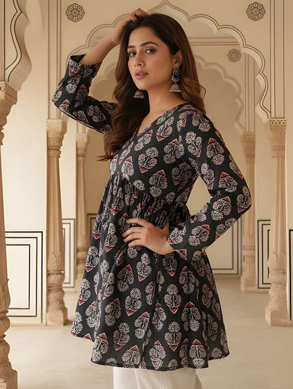 women printed v neck flared kurti - 22506420 -  Standard Image - 1
