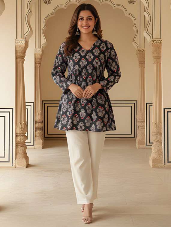 women printed v neck flared kurti - 22506420 -  Standard Image - 4