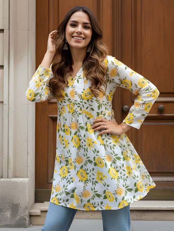women printed v neck flared kurti - 22506424 -  Standard Image - 1