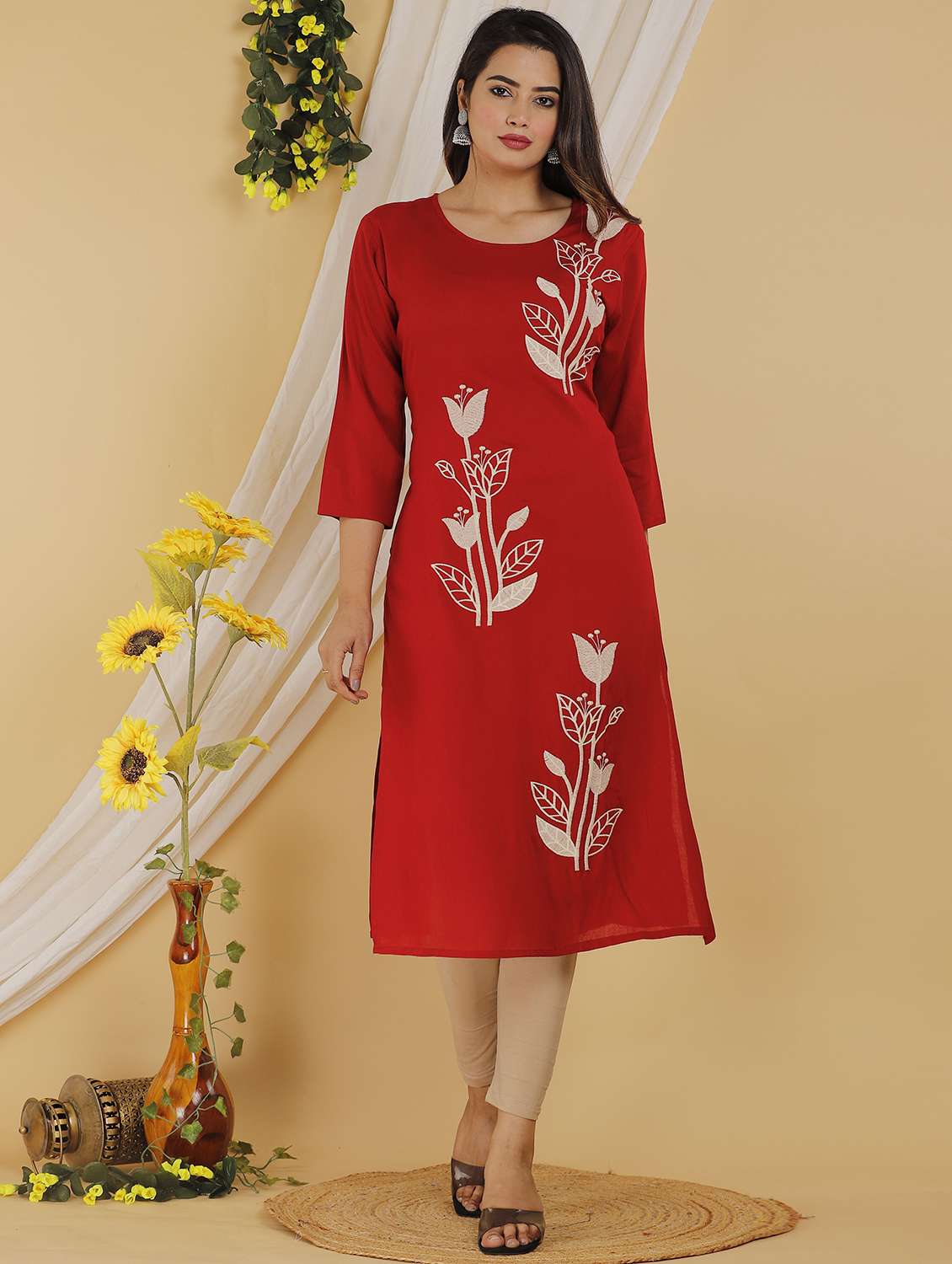 women embroidered three quarter sleeve straight kurta