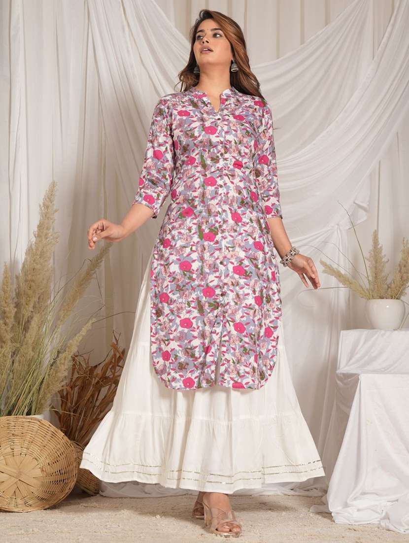 women floral three quarter sleeve kurta skirt set - 22507454 -  Standard Image - 4