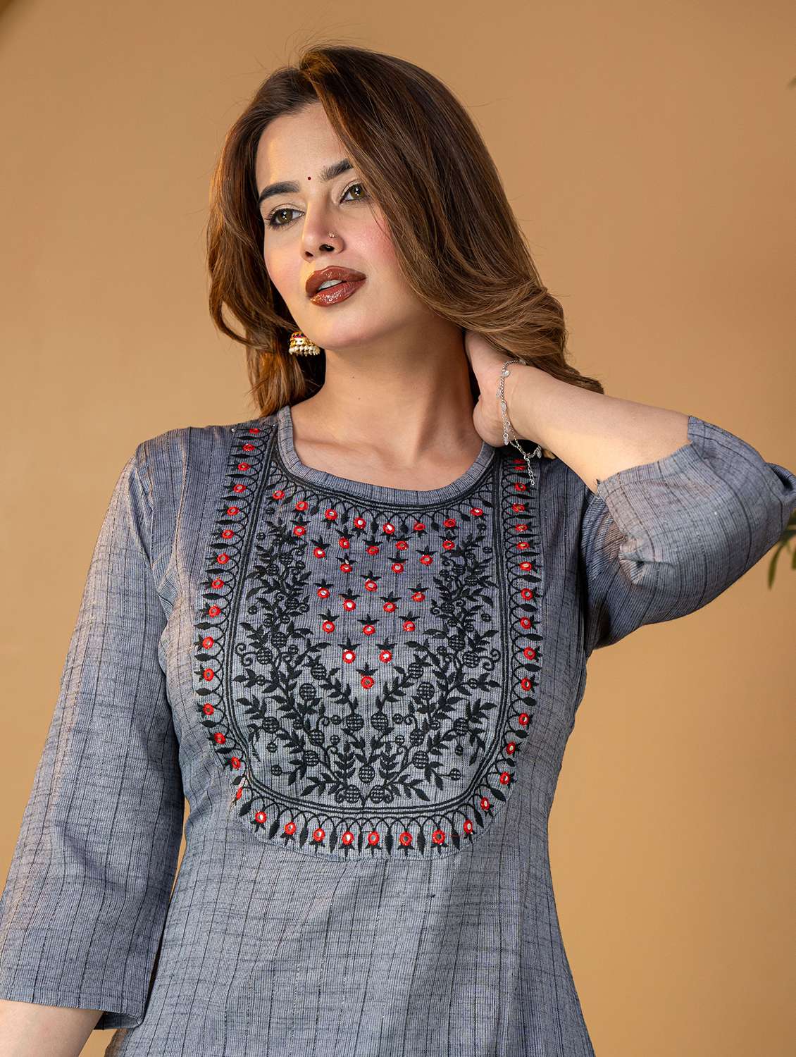 women embroidered three quarter sleeve kurta pant set - 22507461 -  Standard Image - 1