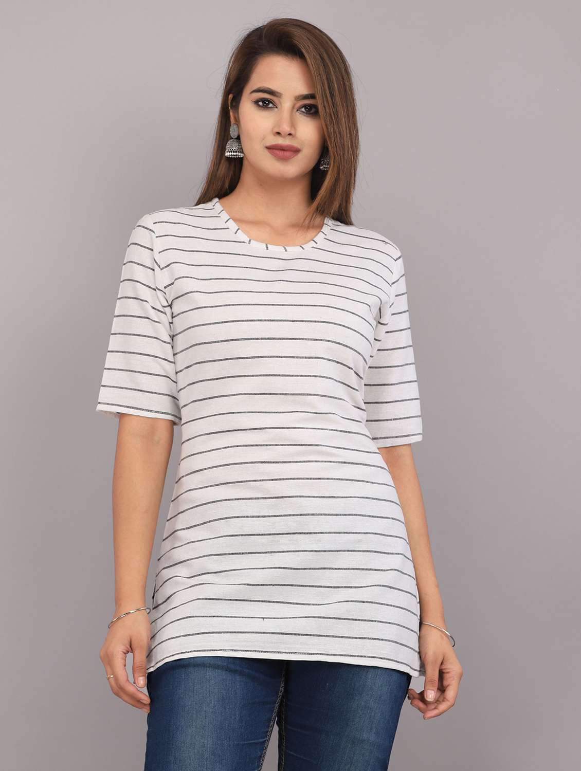 women printed round neck regular long top