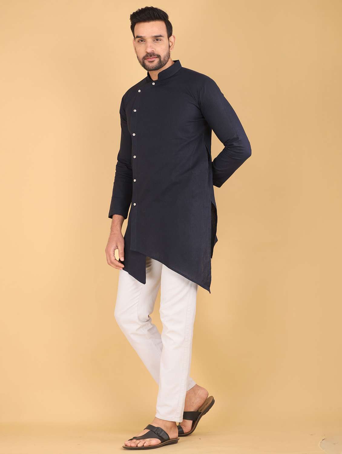 men solid mandarin neck angrakha kurta - 22507627 -  Standard Image - 1