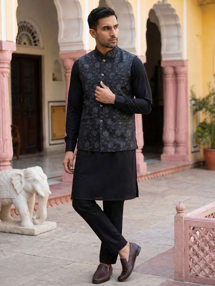 men floral mandarin neck kurta pyjama with jacket set