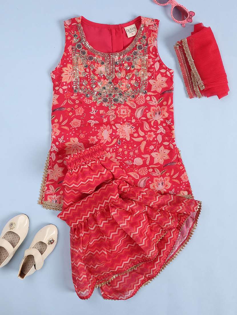 Girls Printed Sleeveless Kurta Sharara Set - 22507913 -  Standard Image - 1